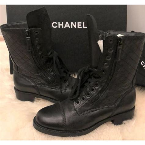 chanel black leather thigh high boots|Chanel black combat boots.